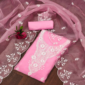 Pink Floral Embroidered Organza Dress Material