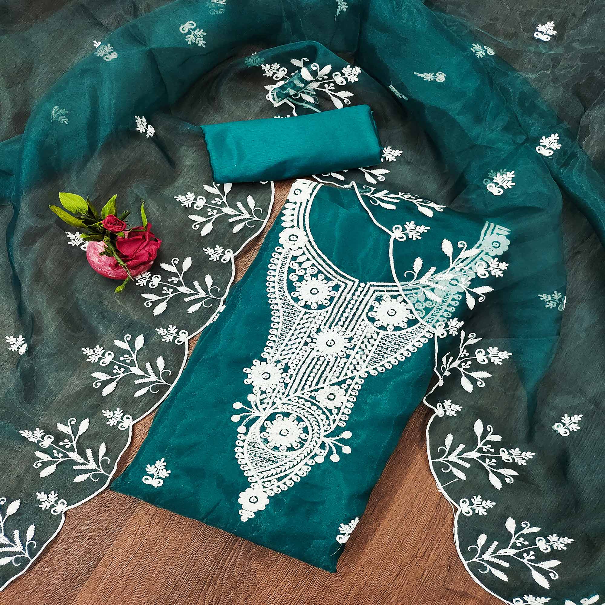 Teal Floral Embroidered Organza Dress Material