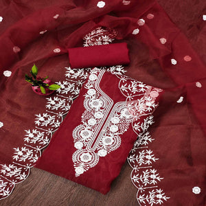 Maroon Floral Embroidered Organza Dress Material