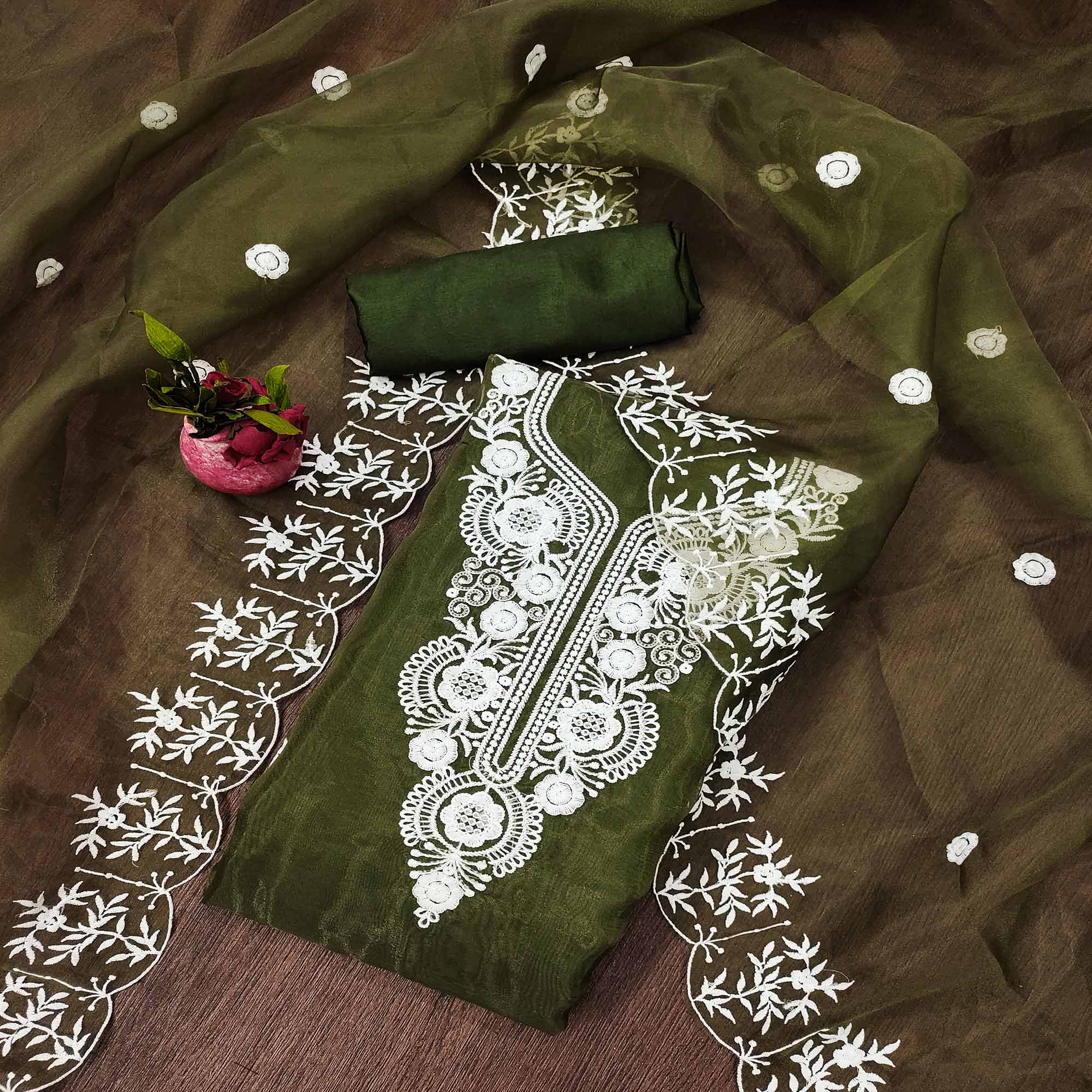 Mehendi Green Floral Embroidered Organza Dress Material