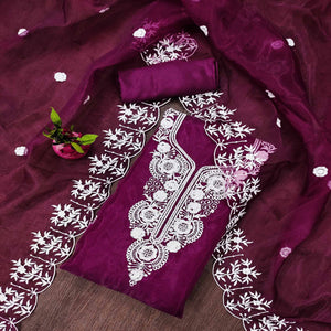 Purple Floral Embroidered Organza Dress Material