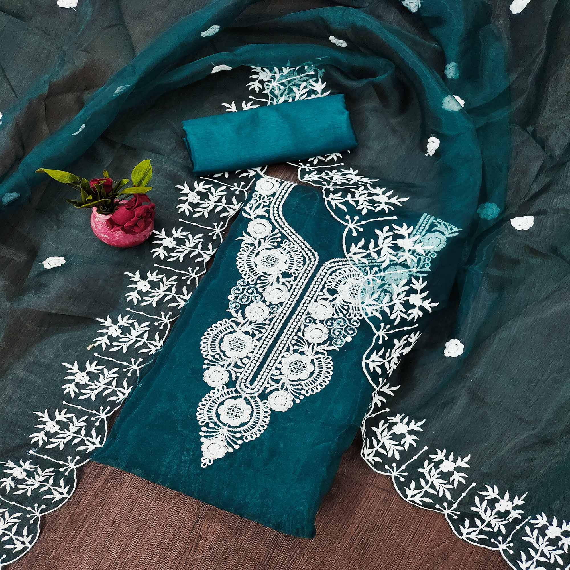Teal Floral Embroidered Organza Dress Material