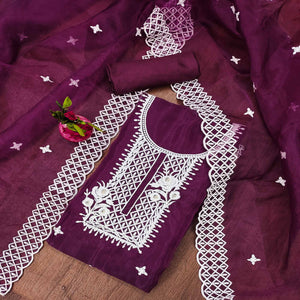 Purple Floral Embroidered Organza Dress Material