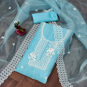Sky Blue Floral Embroidered Organza Dress Material