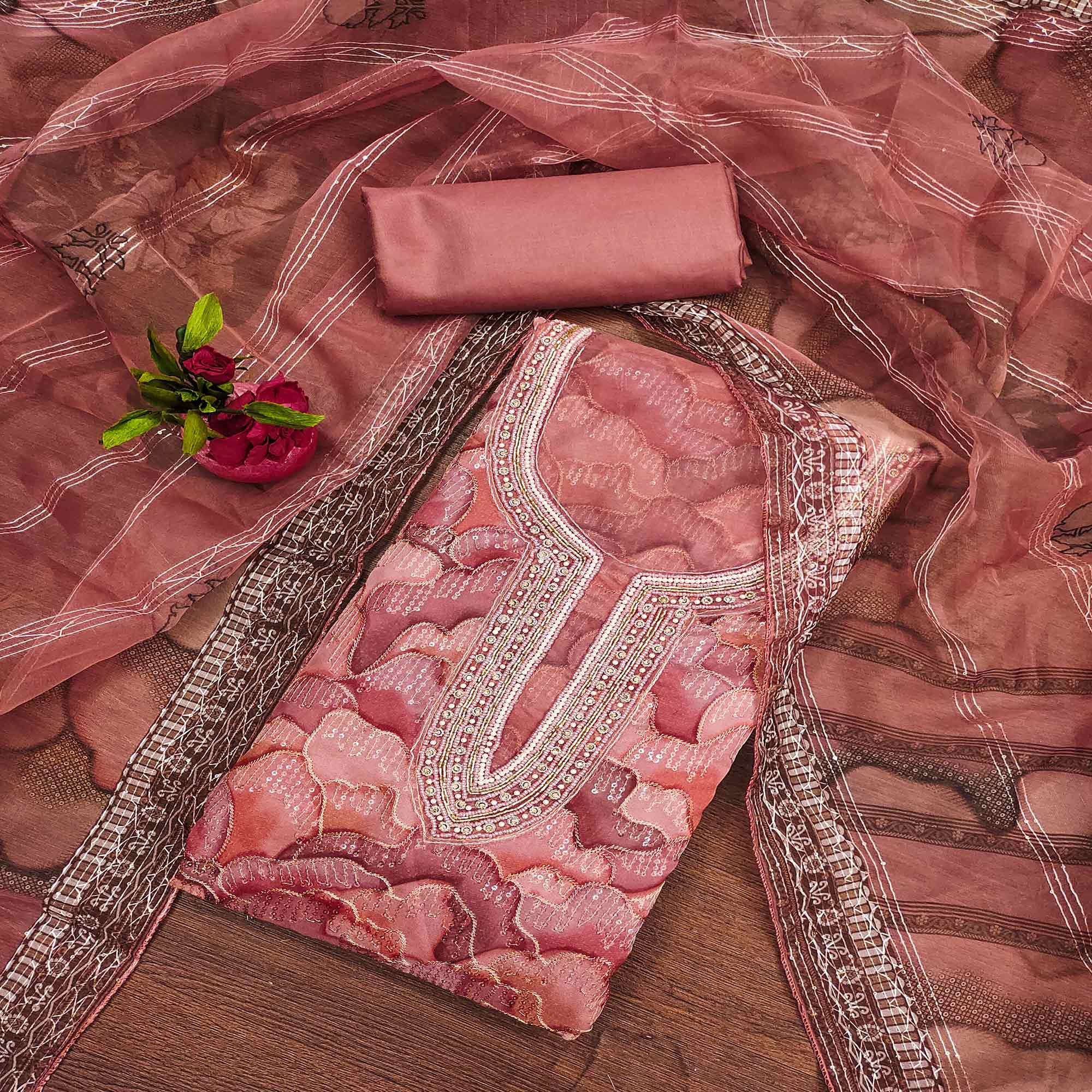 Peach Sequins Embroidered Orgnaza Dress Material