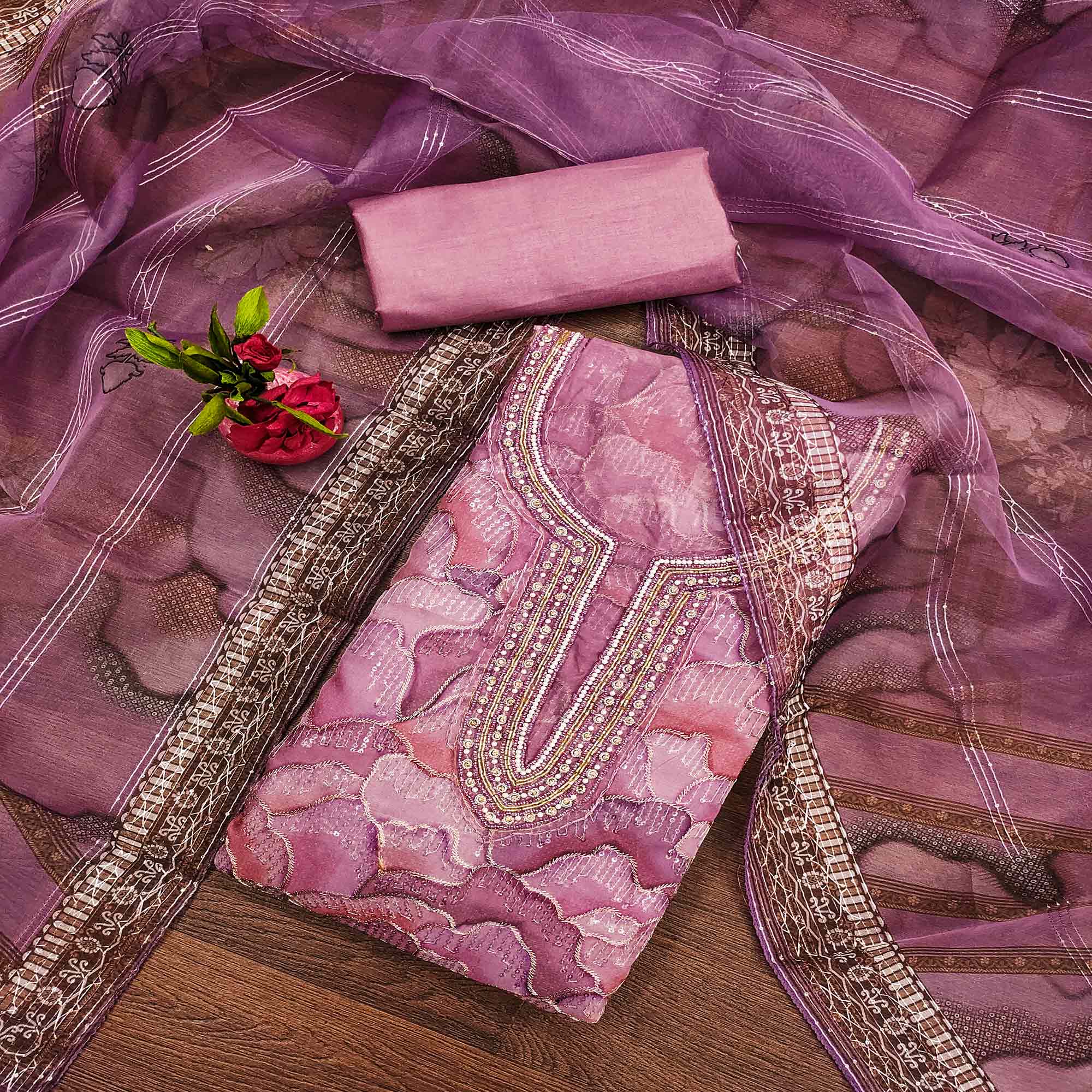 Purple Sequins Embroidered Organza Dress Material