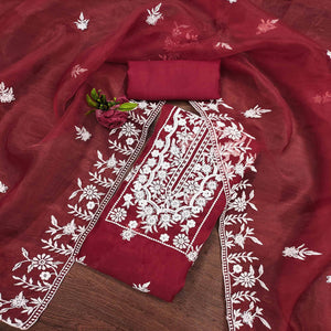 Maroon Floral Embroidered Organza Dress Material