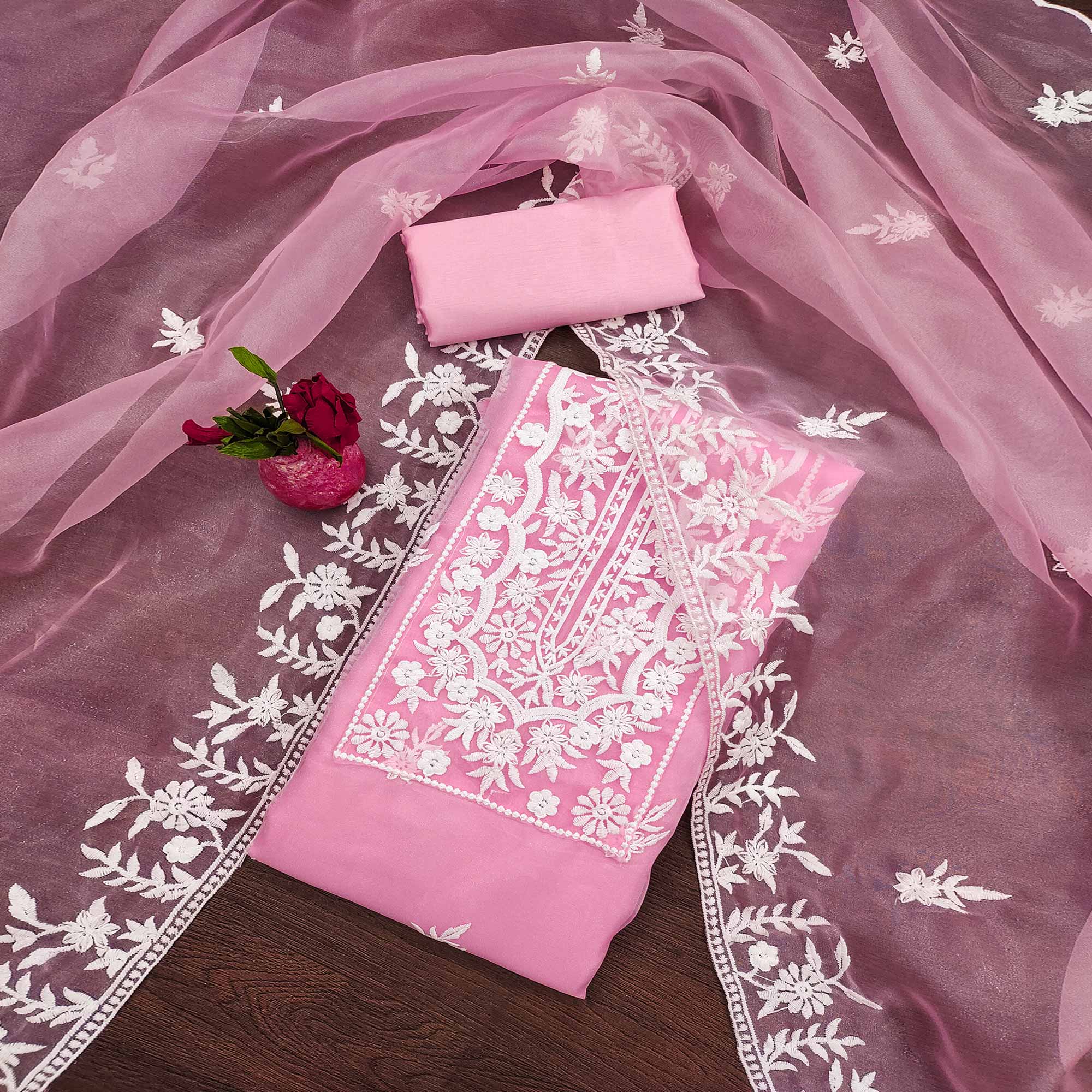 Pink Floral Embroidered Organza Dress Material