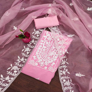 Pink Floral Embroidered Organza Dress Material