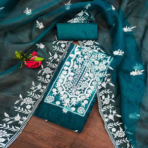 Teal Floral Embroidered Organza Dress Material