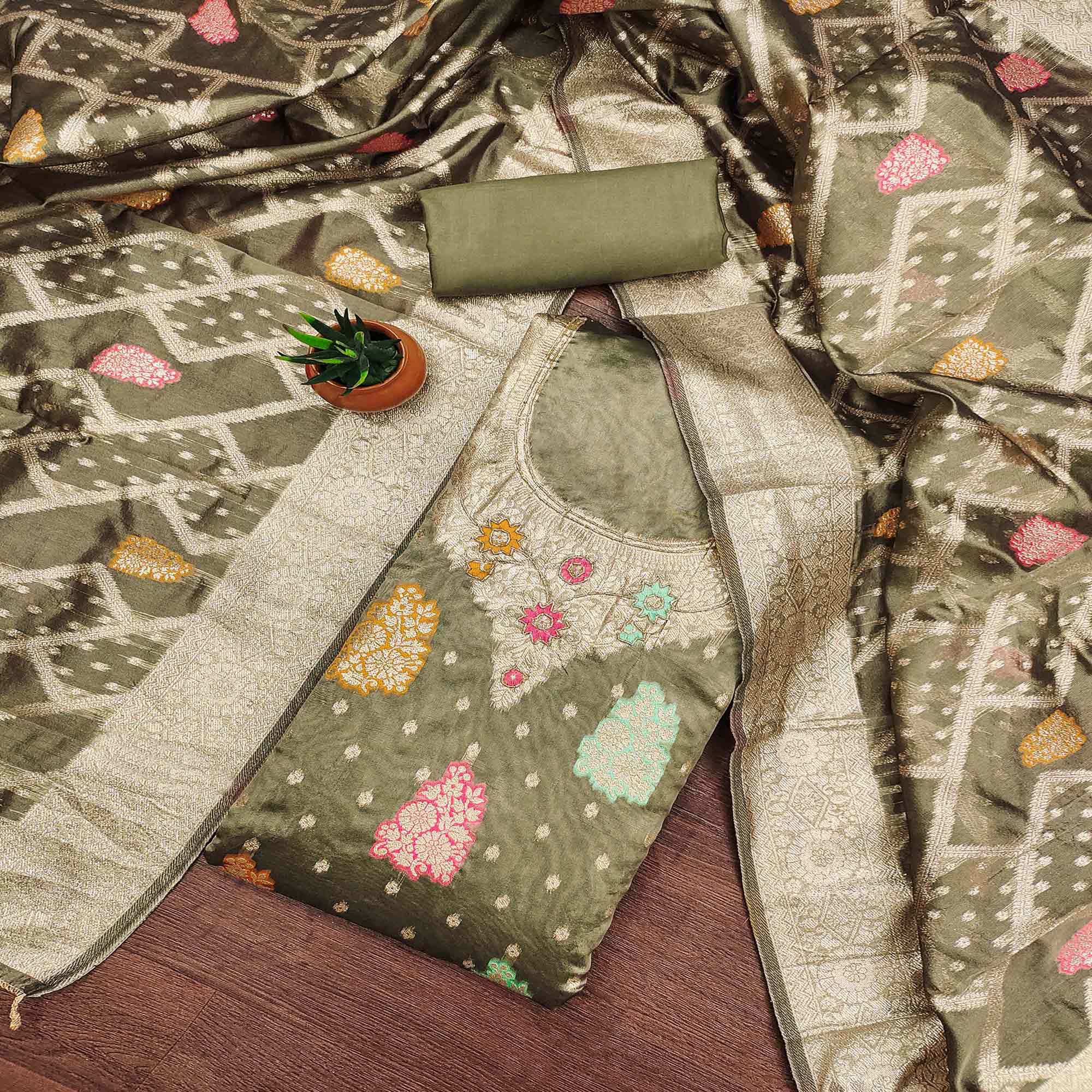 Green Floral Woven Jacquard Dress Material