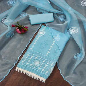 Blue Floral Embroidered Organza Dress Material