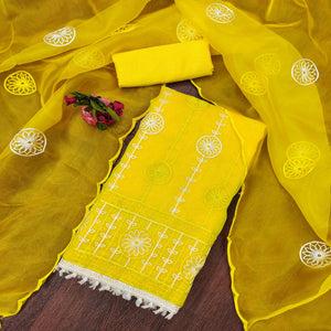 Yellow Floral Embroidered Organza Dress Material