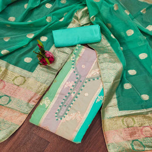 Turquoise Floral Woven With Hand Embroidered Jacquard Dress Material