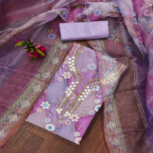 Lavender Floral Sequins Embroidered Organza Dress Material