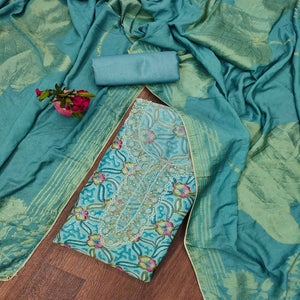 Blue Floral Sequins Embroidered Organza Dress Material