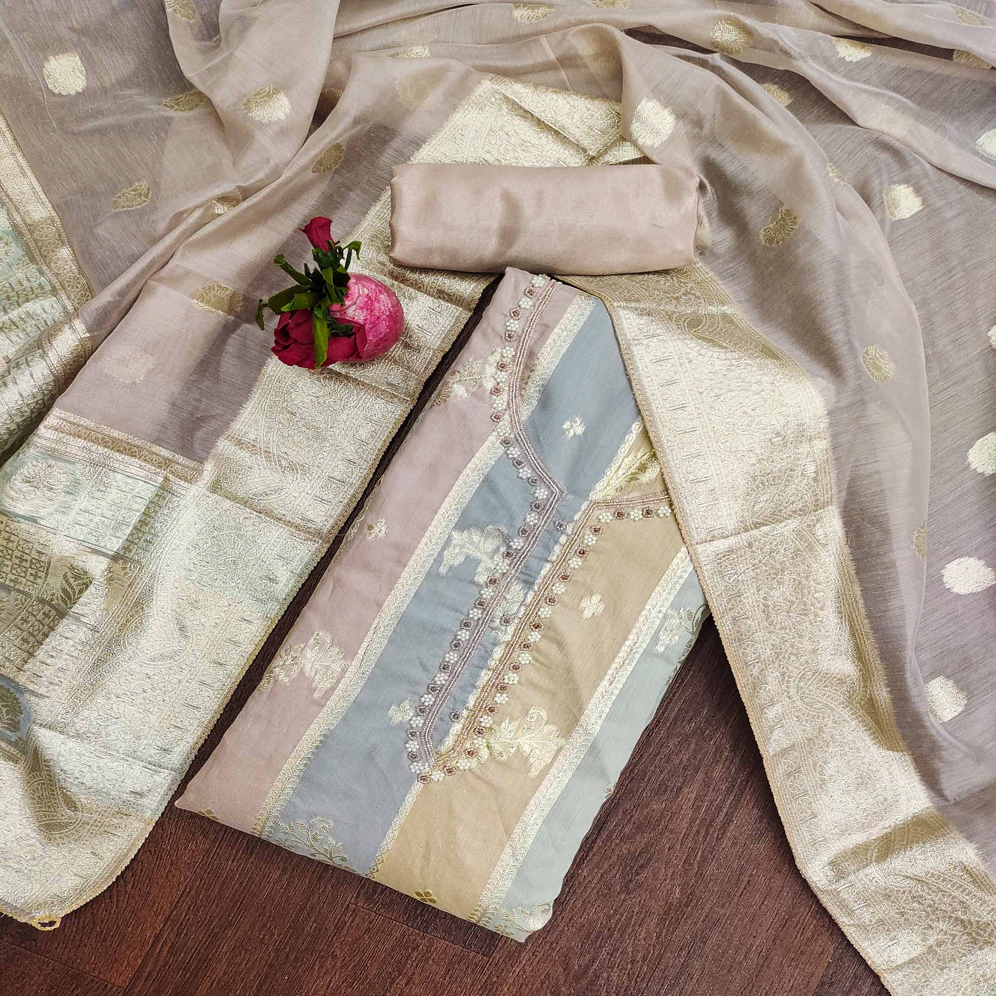 Beige Floral Woven With Hand Embroidered Jacquard Dress Material