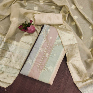 Chikoo Floral Woven With Hand Embroidered Jacquard Dress Material