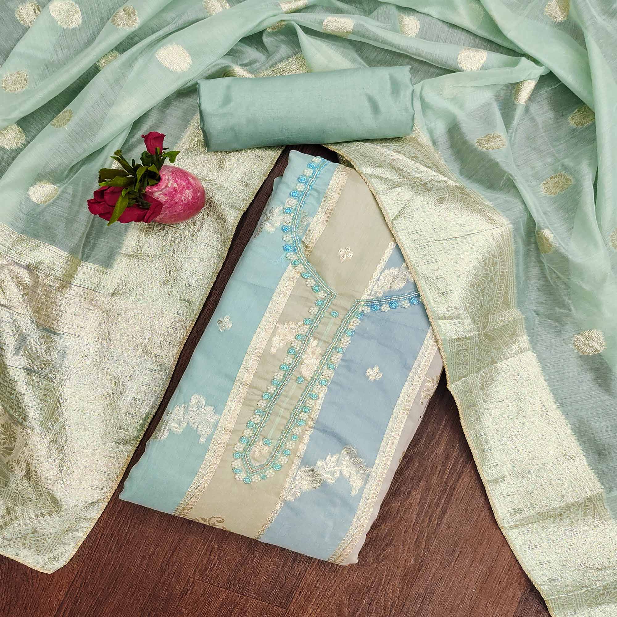 Green Floral Woven With Hand Embroidered Jacquard Dress Material