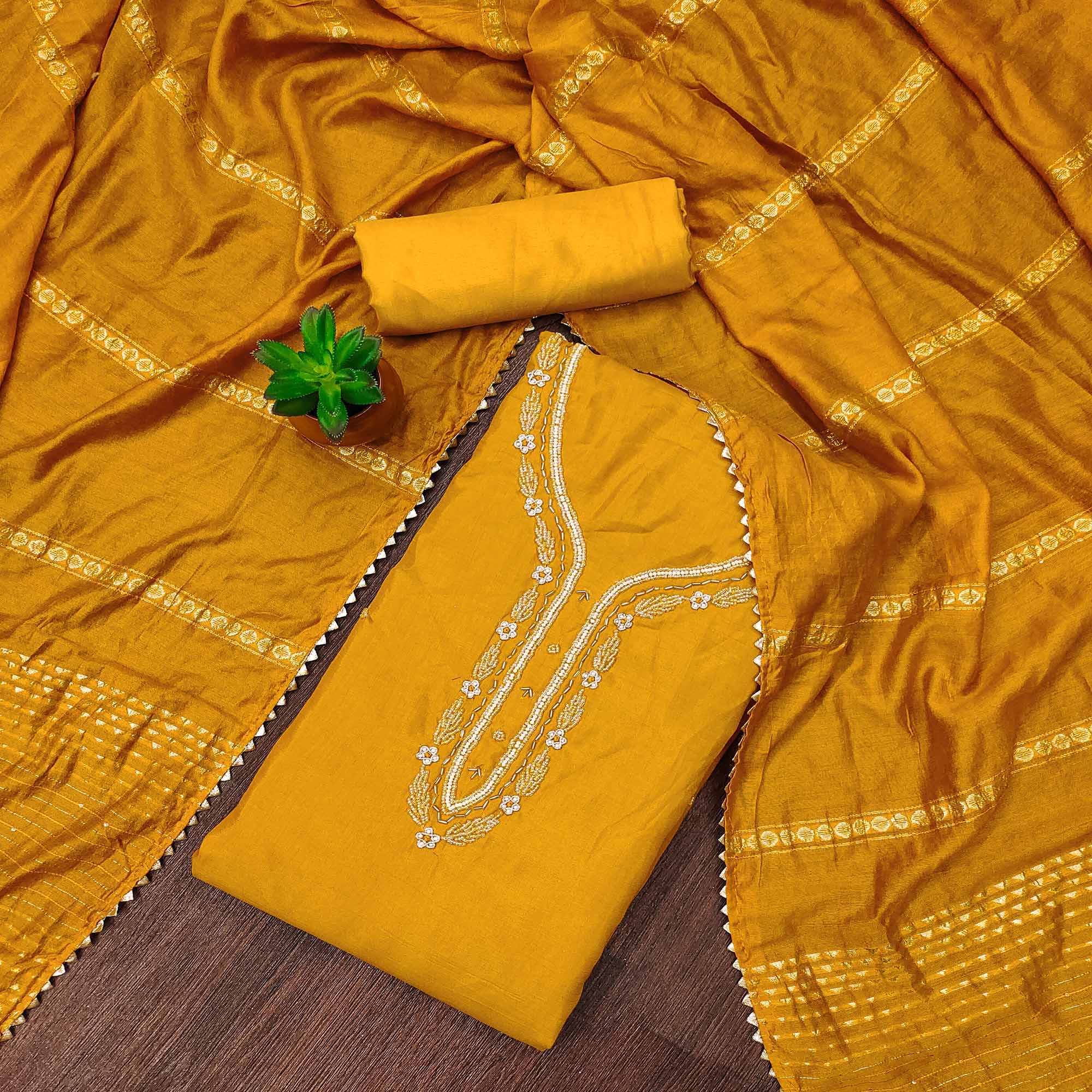 Mustard Hand Embroidered Cotton Blend Dress Material