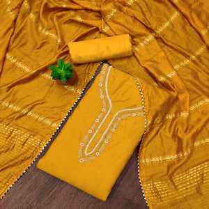 Mustard Hand Embroidered Cotton Blend Dress Material