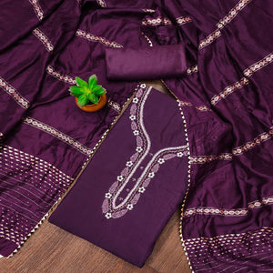 Wine Hand Embroidered Cotton Blend Dress Material