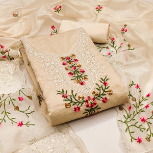 Beige Chanderi Cotton Dress Material With Elegant Floral Sequin Embroidery