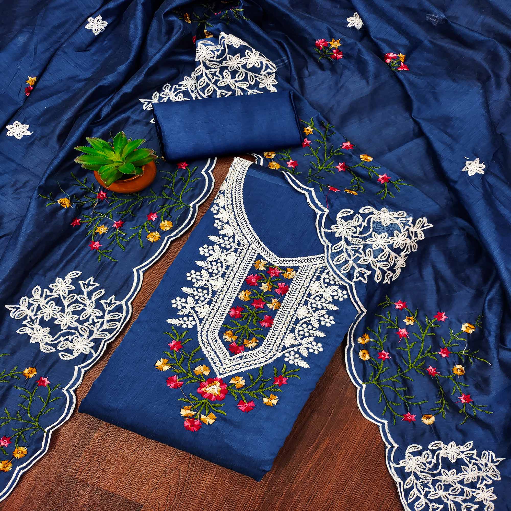 Blue Floral Sequins Embroidered Chanderi Cotton Dress Material