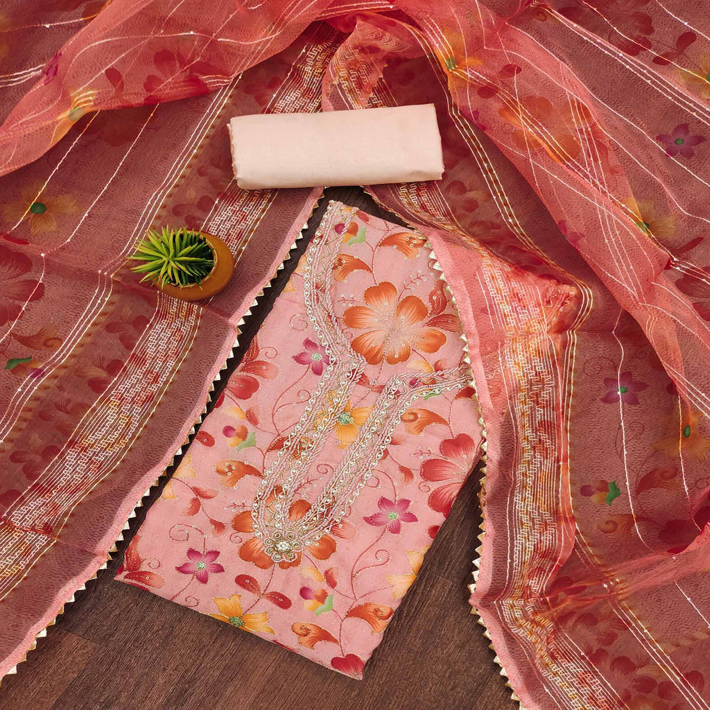 Peach - 3pc Hand Embroidery Chiffon Unstitched Phulkari Dress Material Set 07
