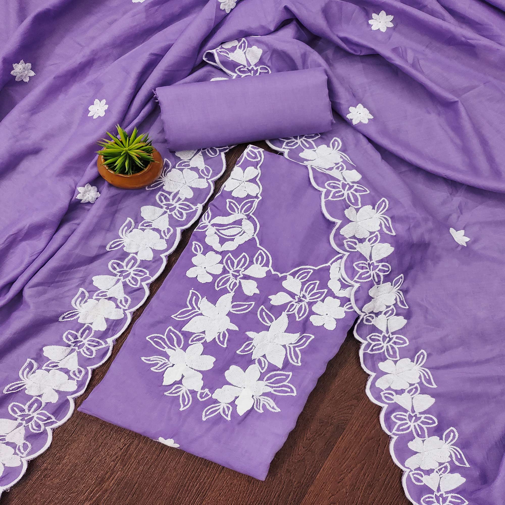 Lavender Floral Embroidered Cotton Blend Dress Material