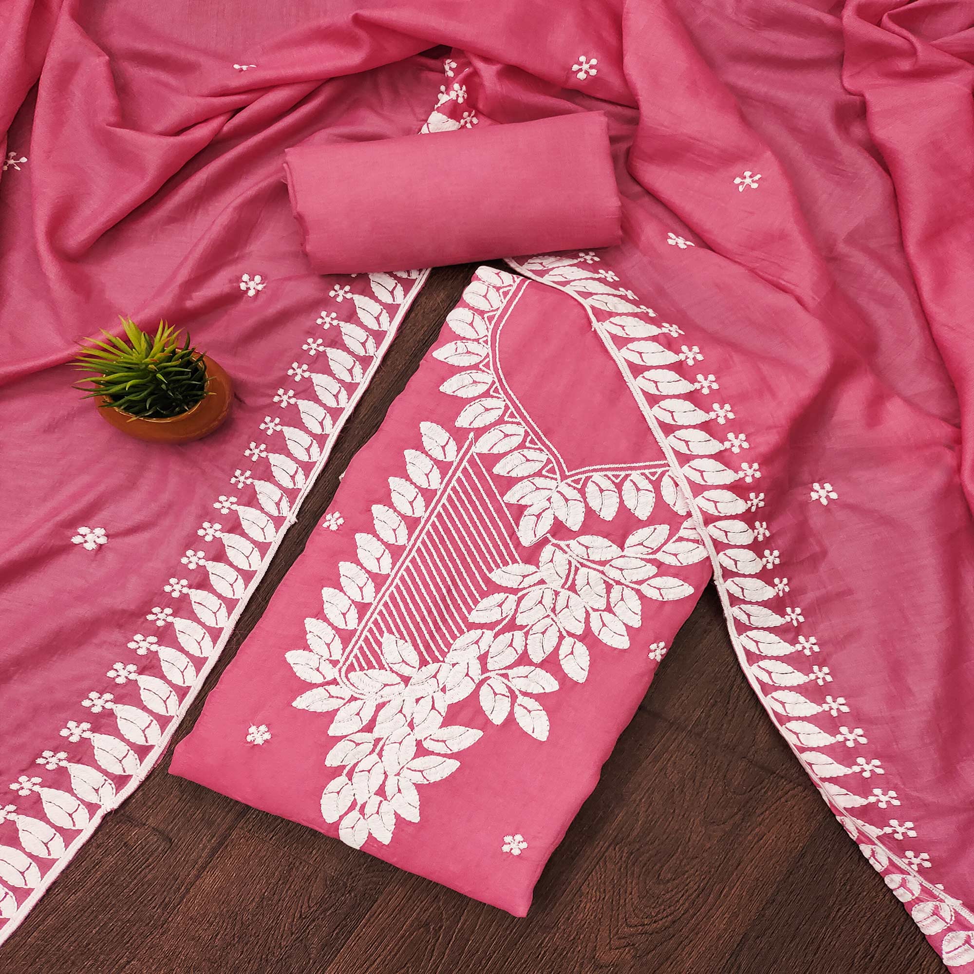 Gajari Pink Floral Embroidered Cotton Blend Dress Material