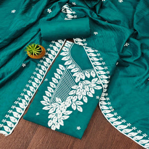 Teal Floral Embroidered Cotton Blend Dress Material