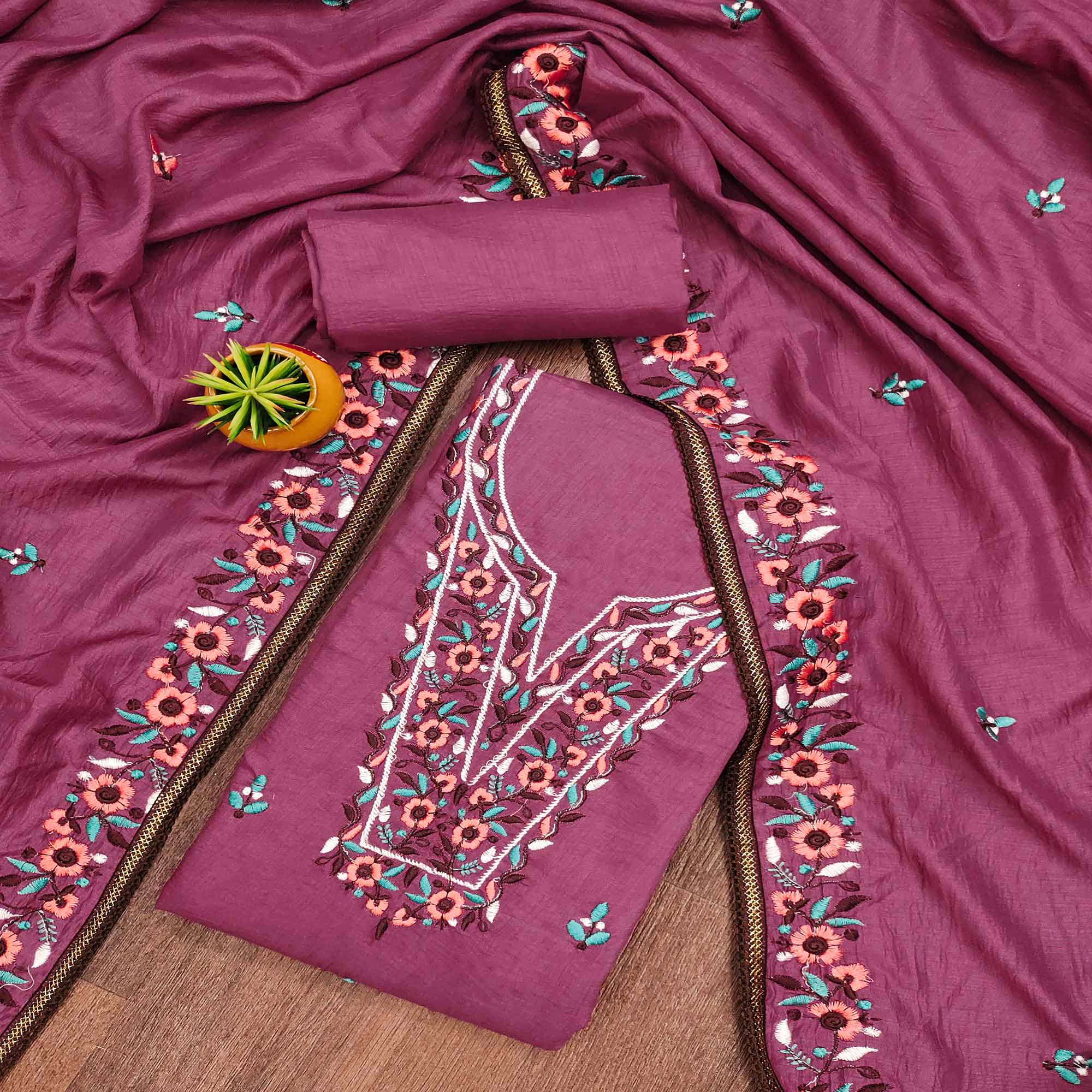 Pink Floral Embroidered Cotton Blend Dress Material