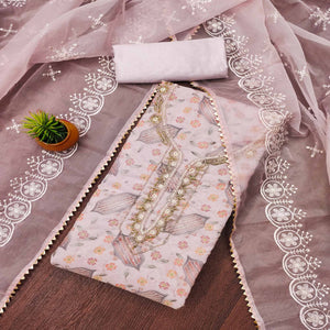 Light Pink Floral Embroidered With Handwork Organza Dress Material