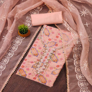 Peach Floral Embroidered With Handwork Organza Dress Material