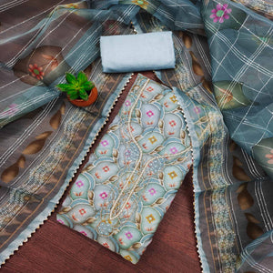 Blue Floral Printed Organza Dress Material With Sequins Embroidery & Handwork