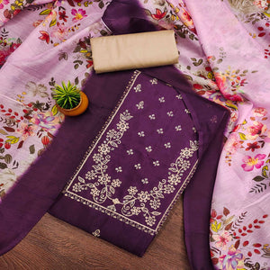 Wine Floral Sequins Embroidered Cotton Blend Dress Material