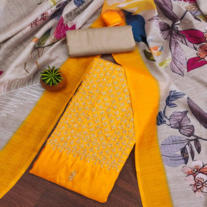 Yellow Floral Sequins Embroidered Cotton Blend Dress Material