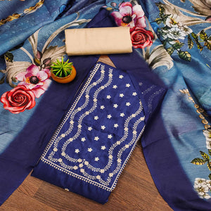 Blue Floral Sequins Embroidered Cotton Blend Dress Material