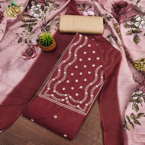Maroon Floral Sequins Embroidered Cotton Blend Dress Material
