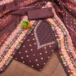 Dark Wine Floral Digital Printed With Diamond Work Organza Dress Material