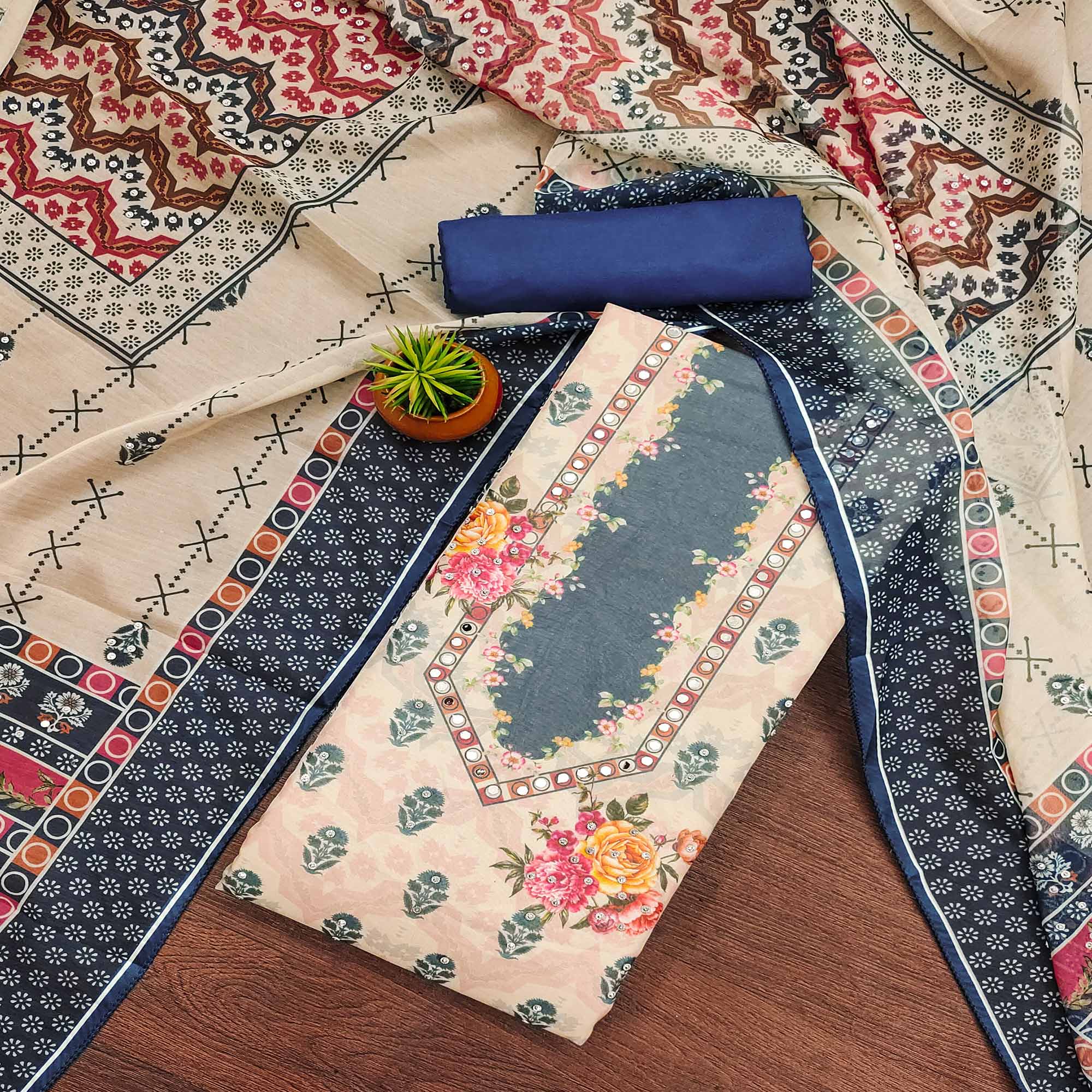 Blue Floral Digital Print With Diamond & Mirror Work Organza Dress Material