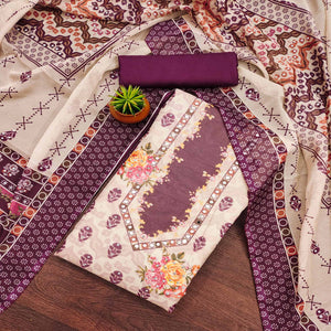 Purple Floral Digital Print With Diamond & Mirror Work Organza Dress Material