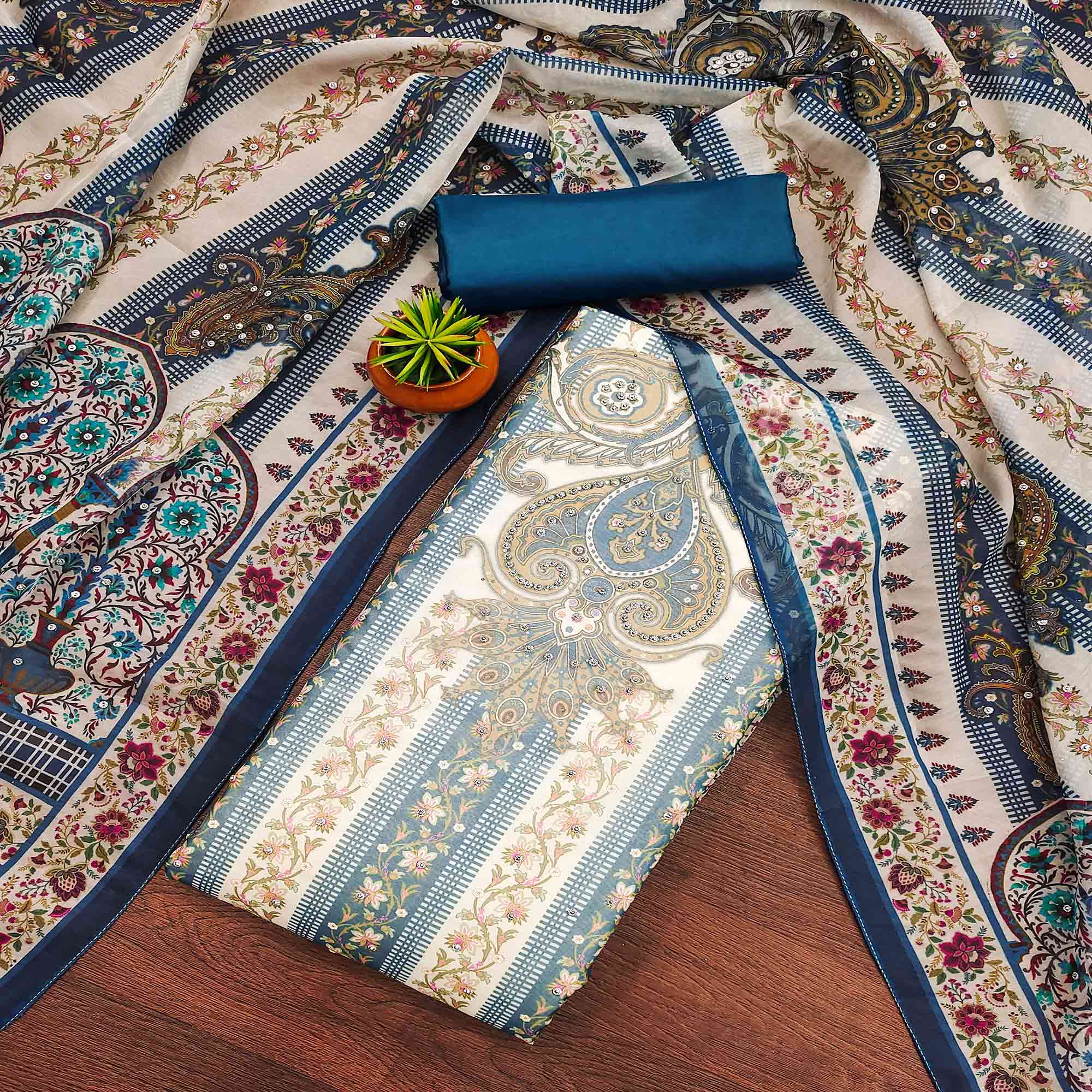 Blue Floral Digital Printed With Diamond Work Organza Dress Material