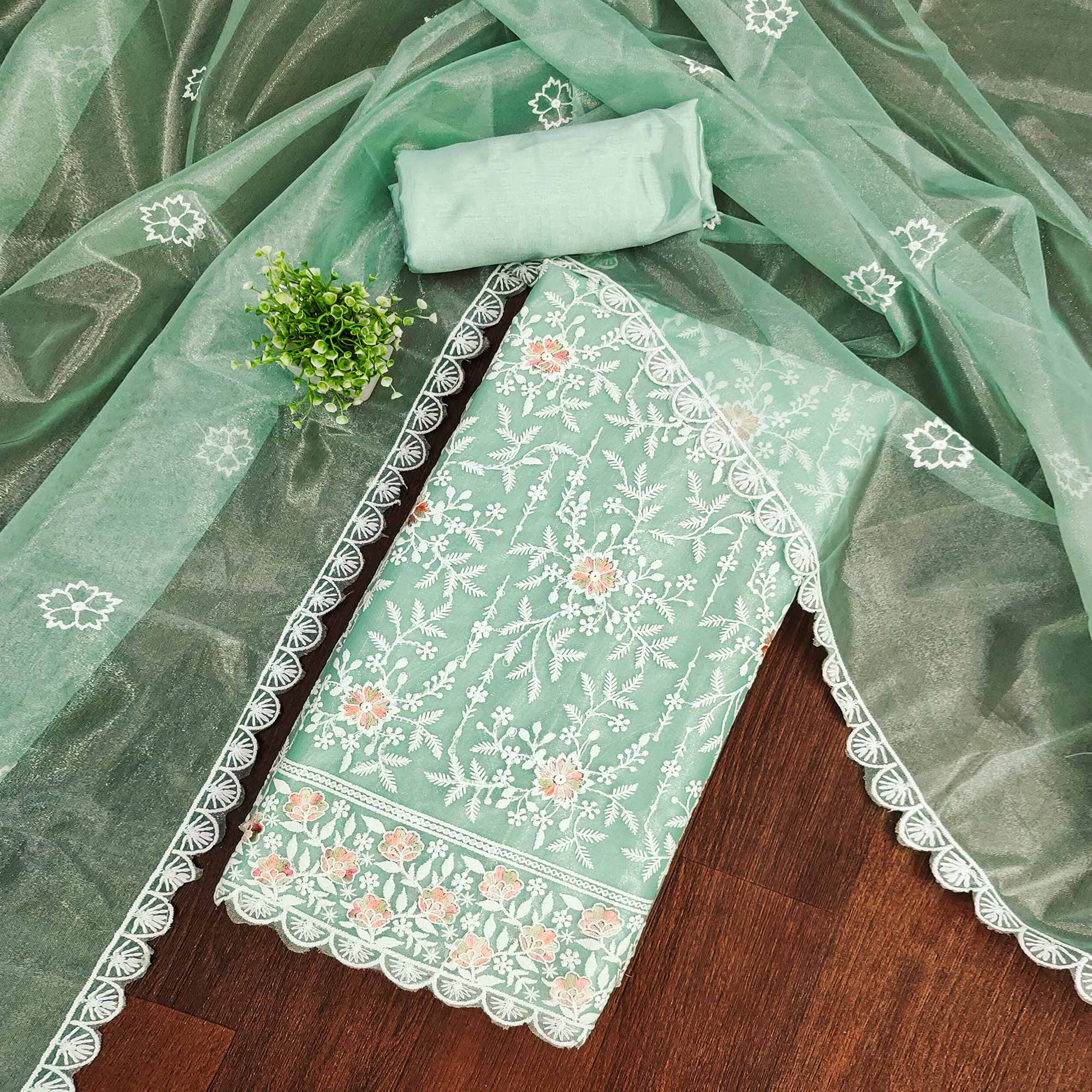 Refreshing Sea Green Organza Dress Material Adorned with Intricate Floral Embroidery