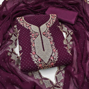 Wine Georgette Dress Material With Exquisite Floral Embroidery And Stonework