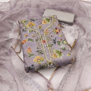 Light Lavender Organza Dress Material With Graceful Floral Print With Handwork Detailing