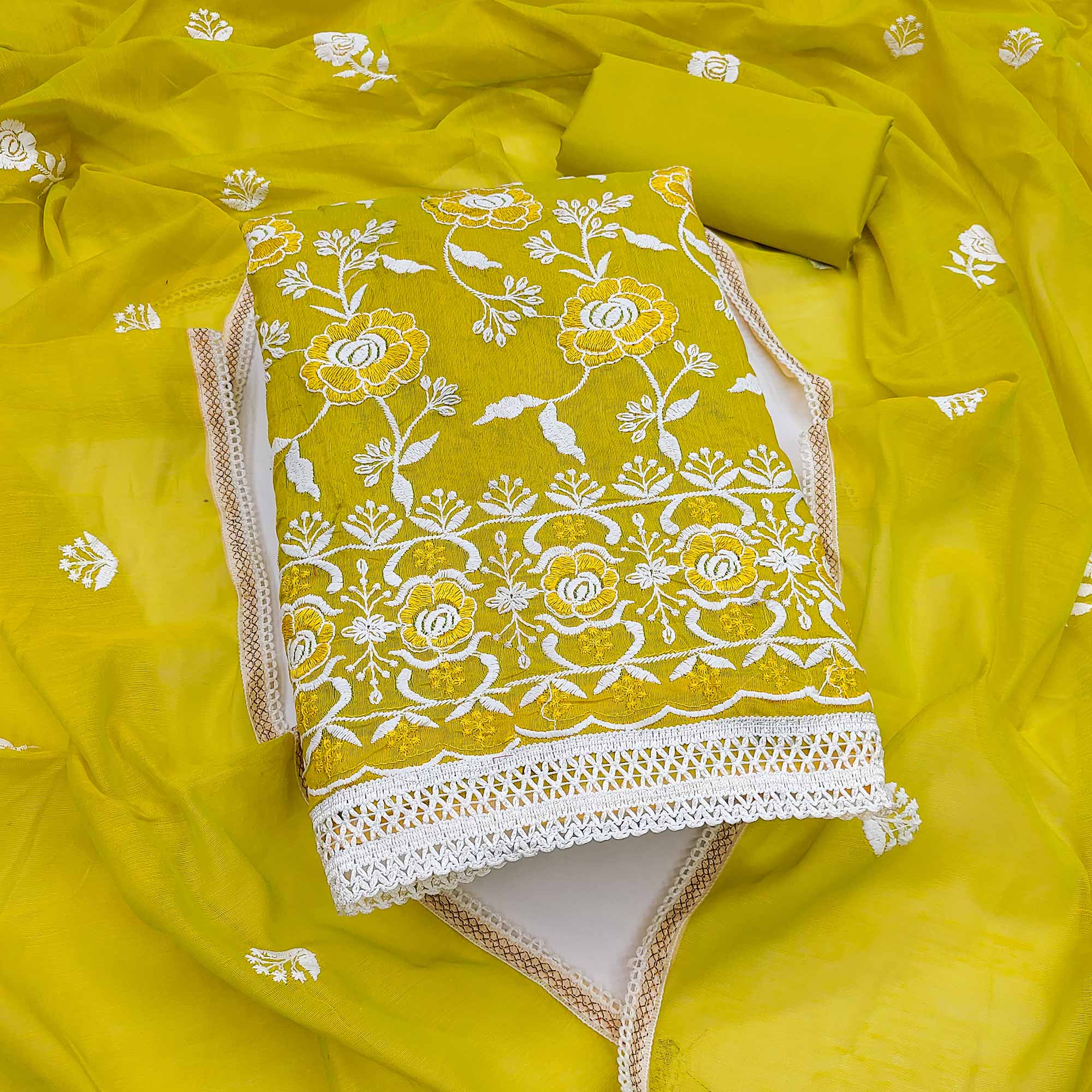 Bright Yellow Embroidered Chanderi Cotton Suit Fabric with Floral Detailing