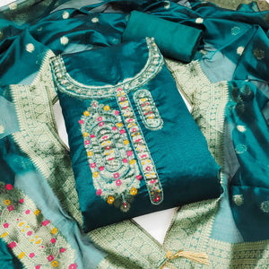 Festive Teal Unstitched Dress Material in Zari Weaving Jacquard