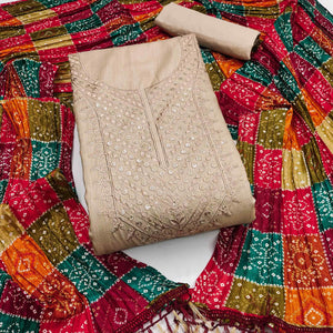 Beige Cotton Blend Suit Material with Soft Floral Embroidery